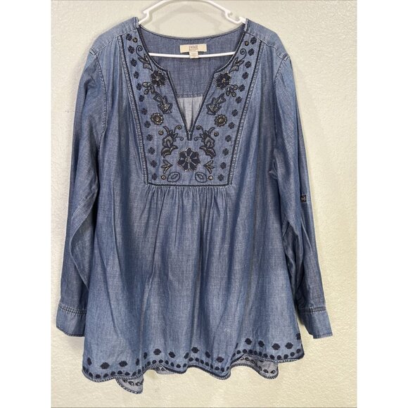 Vintage America Tunic Top Womens 2X Blue Denim Anita Embroider Western Babydoll - Picture 1 of 9
